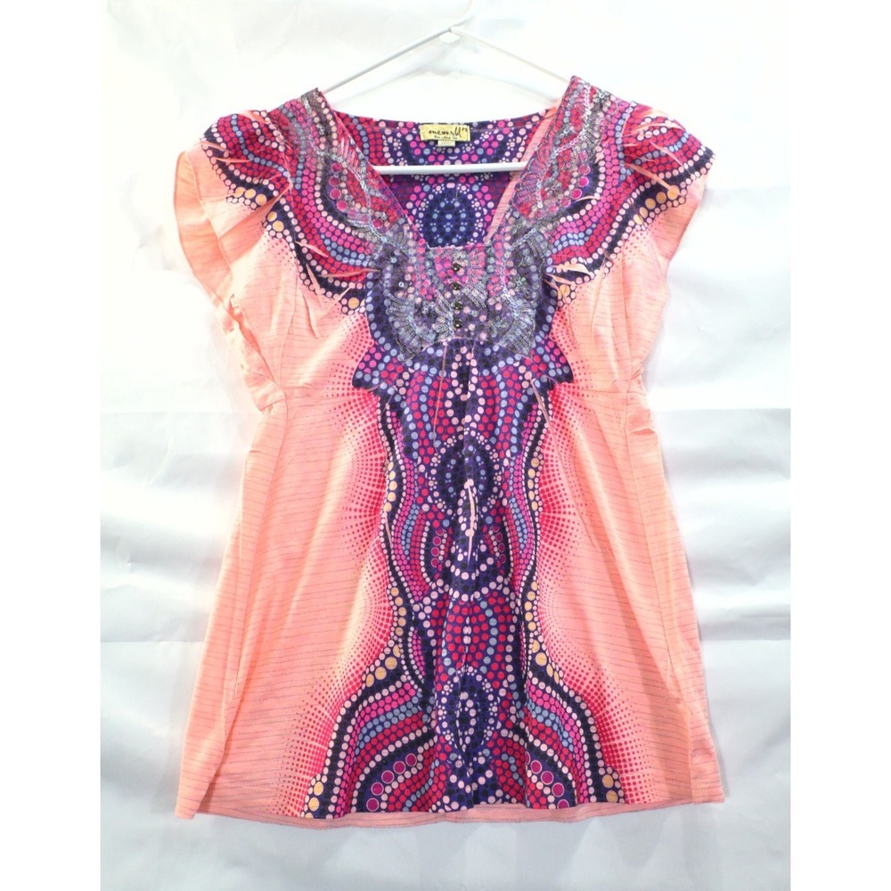 One World Pink Purple Embellished Y2K Top PS Petite Beaded Boho Fairycore Dreamy